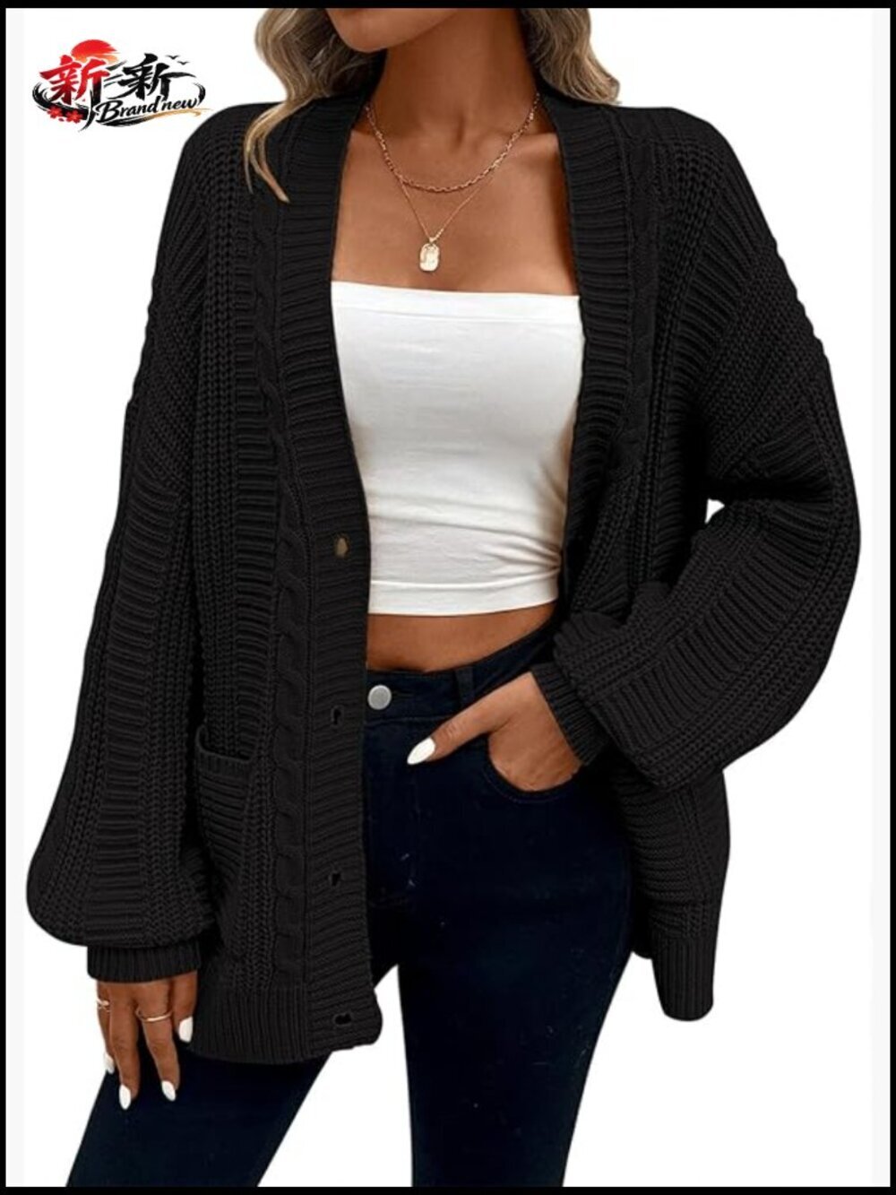 Oversized Cable Knit Cardigan Sweater with Pockets Long Sleeve